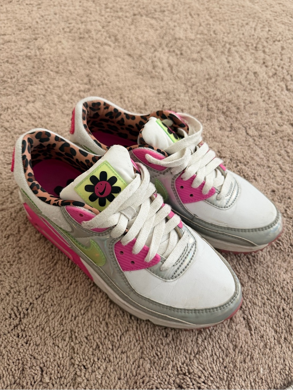 Nike White Sneakers with Pink and Lime Accents and Leopard Lining